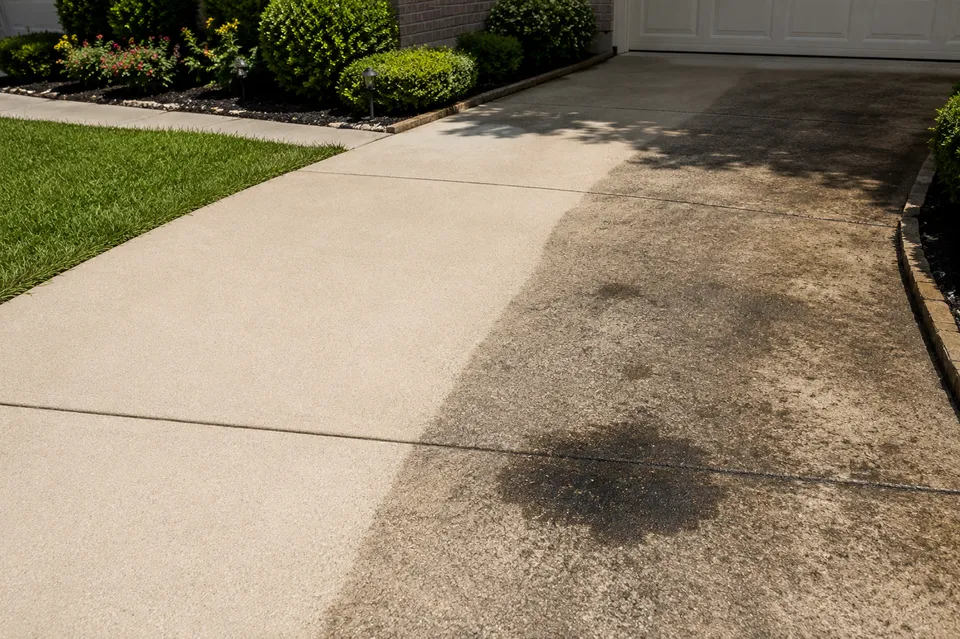 Driveway pressure washing before and after comparison with clean concrete on the left and stained concrete on the right