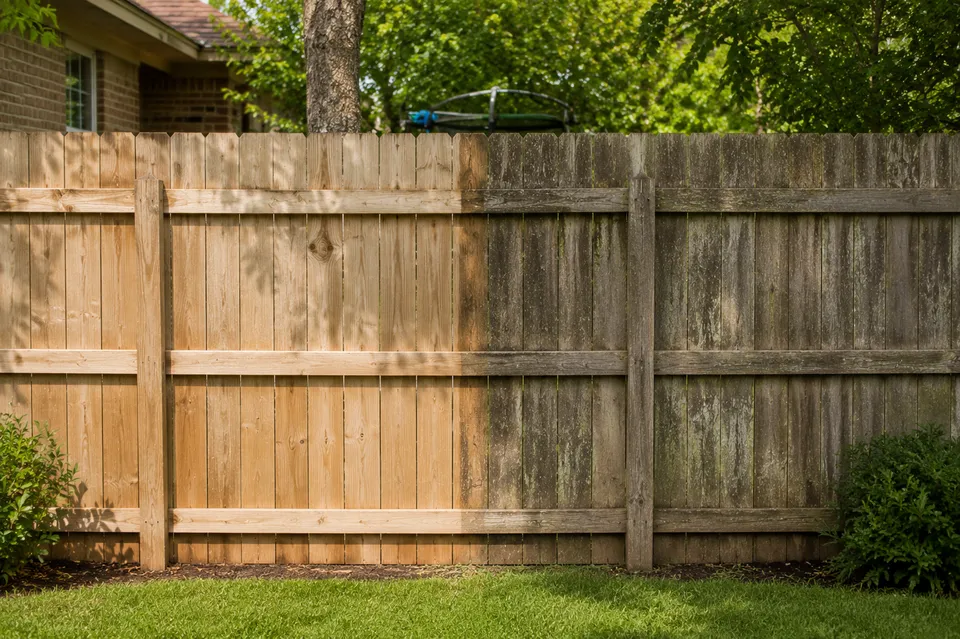 Wood fence pressure washing before and after comparison with restored wood on the left and weathered green-stained wood on the right