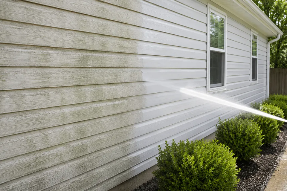Pressure washing white siding on a home, showing dirty and clean sections side by side